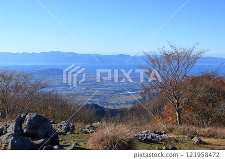 View of Lake Biwa from Mt. Takamuro: The plains to the east of Lake Biwa and the mountains to the west View of Lake Biwa from Mt. Takamuro: The plains to the east of Lake Biwa and the mountains to the west 121958472