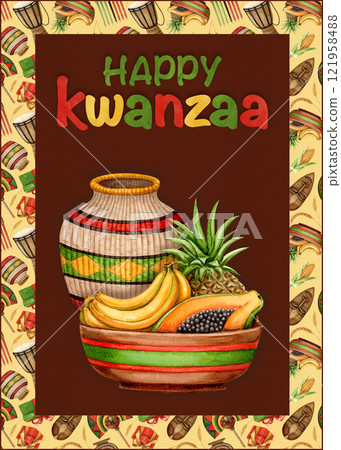 Happy Kwanzaa watercolor greeting card with woven jug and fruit traditional offering. Hand drawn holiday illustration for invitation and congratulation. Colorful design for African-American festival. 121958488