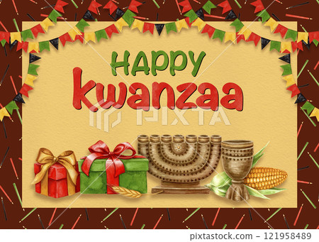 Happy Kwanzaa watercolor horizontal greeting card with Kinara, cup and gift. Hand drawn holiday illustration for invitation and congratulation. Colorful designs for African-American festivals. Happy Kwanzaa watercolor horizontal greeting card with Kinara, cup and gift. Hand drawn holiday illustration for invitation and congratulation. Colorful designs for African-American festivals. 121958489