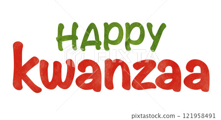 Happy Kwanzaa red and green sign of watercolor textured letters. Hand drawn holiday graphic illustration for greeting card design. Isolated drawing for African-American festive artworks. Happy Kwanzaa red and green sign of watercolor textured letters. Hand drawn holiday graphic illustration for greeting card design. Isolated drawing for African-American festive artworks. 121958491