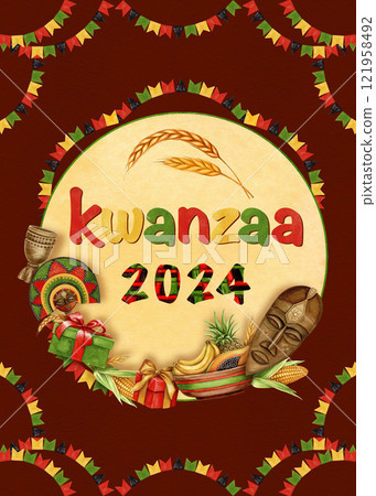 Happy Kwanzaa 2024 watercolor vertical greeting card with traditional symbol. Hand drawn holiday illustration for invitation and congratulation. Colorful design for African-American festivals. Happy Kwanzaa 2024 watercolor vertical greeting card with traditional symbol. Hand drawn holiday illustration for invitation and congratulation. Colorful design for African-American festivals. 121958492