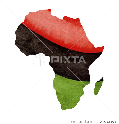 African continent map silhouette with red black and green flag. Hand drawn watercolor Kwanzaa holiday illustration of Juneteenth unity. Isolated drawing for African-American festive designs. African continent map silhouette with red black and green flag. Hand drawn watercolor Kwanzaa holiday illustration of Juneteenth unity. Isolated drawing for African-American festive designs. 121958495