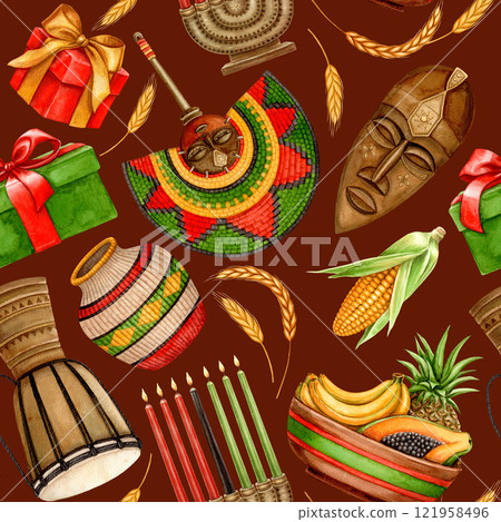 Kwanzaa seamless pattern of scattered African drum, fan and Kinara with gifts. Hand drawn watercolor holiday illustration of traditional symbol. Isolated drawing for African-American designs. 121958496