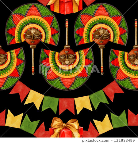 Kwanzaa seamless pattern of curved African fan and paper pennant garland. Hand drawn watercolor holiday illustration of traditional symbol. Isolated drawing for African-American festive designs. 121958499