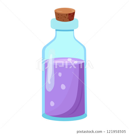Lavender oil for spa treatments and aromatherapy. Glass bottle with lilac liquid. Vector illustration in flat style isolated on white background. Vector illustration 121958505