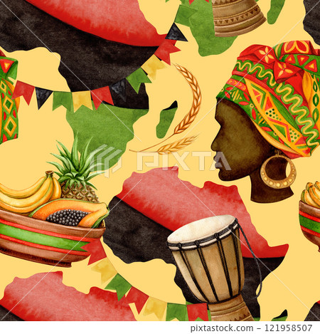 Kwanzaa seamless pattern of scattered African map, drum and black woman profile. Hand drawn watercolor holiday illustration of traditional symbol. Isolated drawing for African-American designs. 121958507