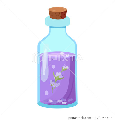 Lavender oil for spa treatments and aromatherapy. Glass bottle with lilac liquid. Vector illustration in flat style isolated on white background. Vector illustration Lavender oil for spa treatments and aromatherapy. Glass bottle with lilac liquid. Vector illustration in flat style isolated on white background. Vector illustration 121958508