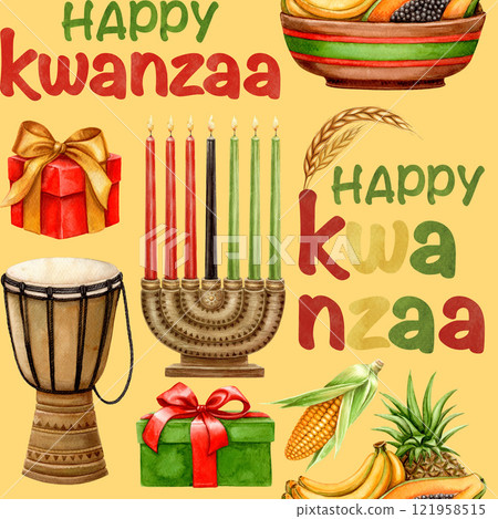 Happy Kwanzaa seamless pattern of African drum, fruits and Kinara with gifts. Hand drawn watercolor holiday illustration of traditional symbol. Isolated drawing for African-American designs. 121958515