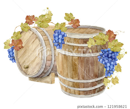Two Watercolor wooden oak barrel for storing fermented wine. Watercolor brown barrel with lilac grapes. Illustration of purple fruits, leaves and branches. Clipart for wine labels, winery, restaurant 121958621