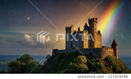 一座古老的城堡，彩虹在夜空中閃閃發光 121958696
