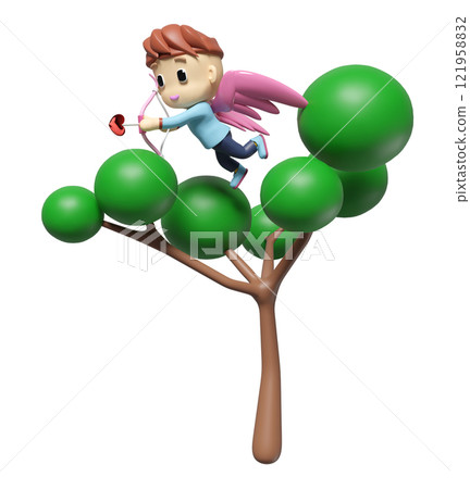 3d cupid flying in tree with bow, arrows isolated. Happy valentine's day concept, 3d illustration render 121958832