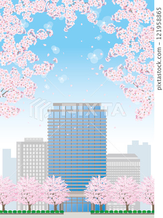 櫻花盛開的春天辦公大樓插畫 櫻花盛開的春天辦公大樓插畫 121958865