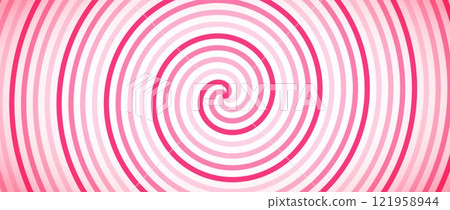 Candy color spiral background. Pink rotating swirl pattern wallpaper. Cute spinning vortex for banner, poster, flyer, booklet. Sweet cartoon hypnotic concept. Vector ice cream backdrop 121958944