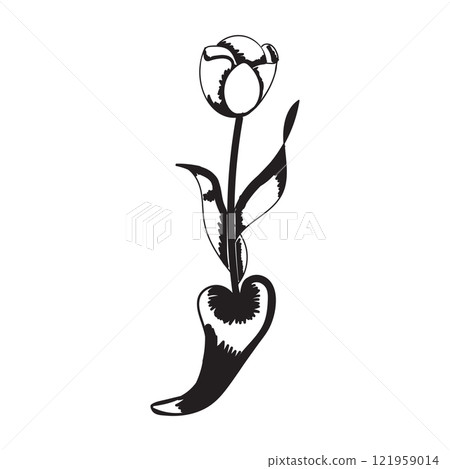 Tulip flower. Black and white silhouette of a tulip. A simple hand drawn icon. Vector illustration isolated on white background. Tulip flower. Black and white silhouette of a tulip. A simple hand drawn icon. Vector illustration isolated on white background. 121959014