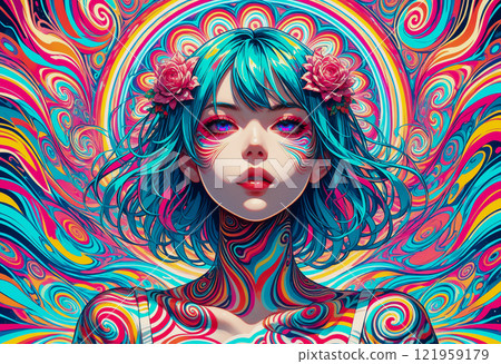 戴著粉紅色花朵髮飾和迷幻圖案的女子“AI生成圖像” 121959179