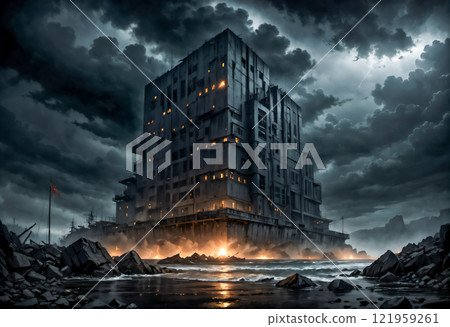 AI-generated image of abandoned building with light leaking out on a dark night 121959261
