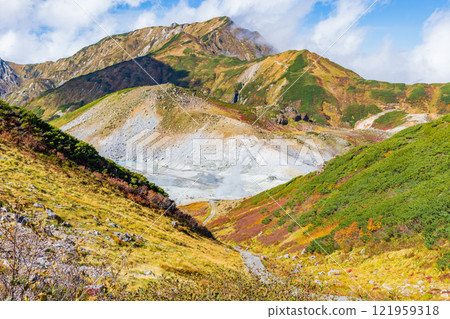 秋季的立山黑部阿爾卑斯山脈路線、紅葉室堂平、奧大日山、地獄谷 秋季的立山黑部阿爾卑斯山脈路線、紅葉室堂平、奧大日山、地獄谷 121959318
