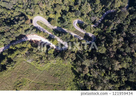 Aerial view of road in beautiful green forest at sunset in spring. Colorful landscape Aerial view of road in beautiful green forest at sunset in spring. Colorful landscape 121959434