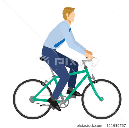 Simple illustration of a Caucasian male businessman riding a bicycle Commuting scene White background 121959767