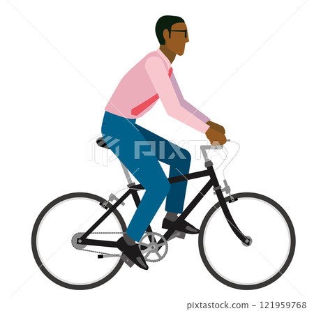 Simple illustration of a black male businessman riding a bicycle Commuting scene White background Simple illustration of a black male businessman riding a bicycle Commuting scene White background 121959768