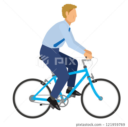 Simple illustration of a fat Caucasian male businessman riding a bicycle Commuting scene White background 121959769