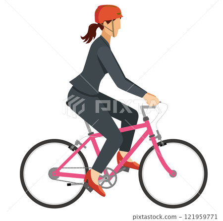 A simple illustration of a Japanese female businessman wearing a helmet riding a bicycle Commuting scene White background A simple illustration of a Japanese female businessman wearing a helmet riding a bicycle Commuting scene White background 121959771