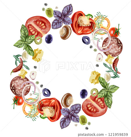 Circle frame made of vibrant assorted of fresh groceries, including vegetables, herbs, mushrooms, cheese and meat. Perfect for restaurant menus, kitchen decor, food packaging, or culinary blog visuals 121959839