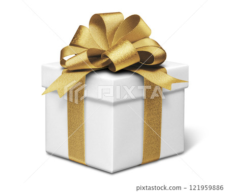 White gift box with gold ribbon White gift box with gold ribbon 121959886