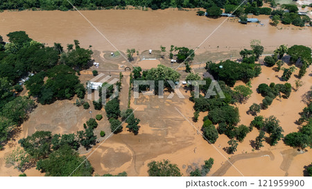 Aerial view of Chiang Rai beach  flooding by Kok river after typhoon Yagi has swept Southeast Asia. 121959900