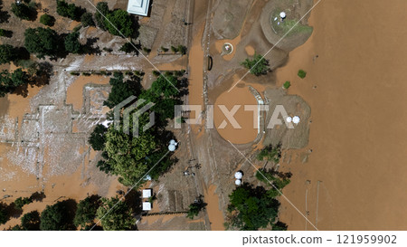 Aerial view of Chiang Rai beach flooding by Kok river after typhoon Yagi has swept Southeast Asia. Aerial view of Chiang Rai beach flooding by Kok river after typhoon Yagi has swept Southeast Asia. 121959902