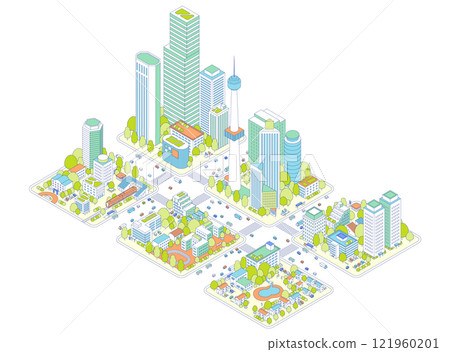 等距城市和住宅區插圖。火車停靠的車站和城鎮。穿過高層建築和道路的汽車、巴士和卡車 等距城市和住宅區插圖。火車停靠的車站和城鎮。穿過高層建築和道路的汽車、巴士和卡車 121960201