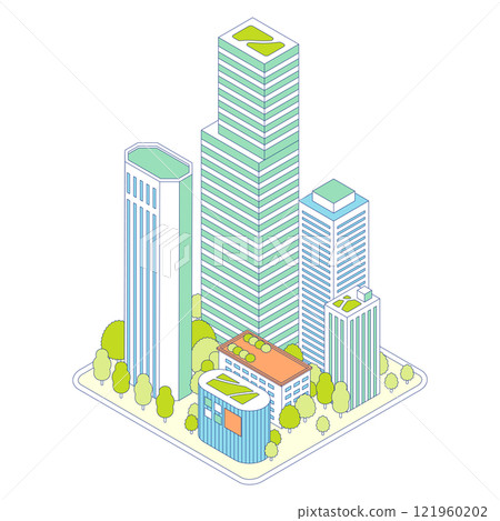 等距城市圖。綠色城市景觀與摩天大樓和商業建築。 121960202