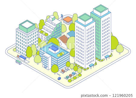 等距城市圖。擁有公寓和塔樓公寓的住宅區。大樓設有鄰近的停車場。 等距城市圖。擁有公寓和塔樓公寓的住宅區。大樓設有鄰近的停車場。 121960205