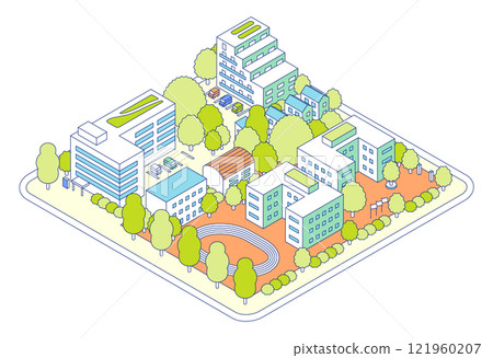 Isometric city illustration. School and park with gymnasium and athletic field. Hospital, company, apartment and other housing. 121960207