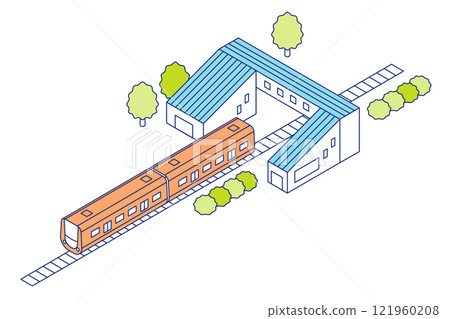 等距車站和火車。鐵路插圖,兩節車廂的火車停在車站大樓內。 等距車站和火車。鐵路插圖,兩節車廂的火車停在車站大樓內。 121960208