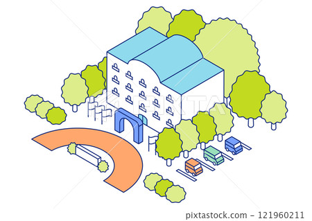 Isometric hotel illustration. Accommodation with car park. Isometric hotel illustration. Accommodation with car park. 121960211