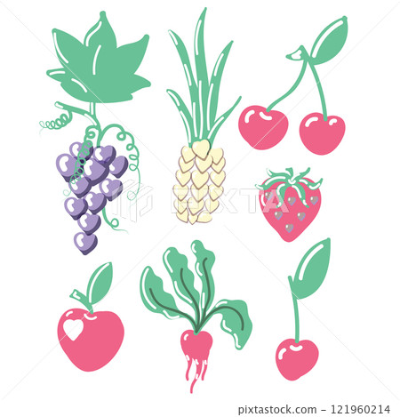 A set of berries and fruits in the shape of hearts. Vector illustration isolated on white background. Vector illustration A set of berries and fruits in the shape of hearts. Vector illustration isolated on white background. Vector illustration 121960214