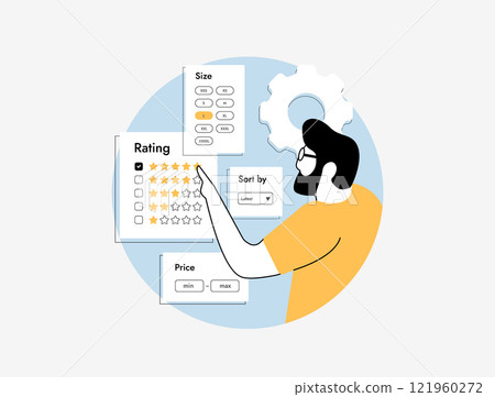 Online shopping concept with user filtering products by rating, price and size. E-commerce browsing, product sorting, customer reviews and personalized shopping experience. Vector illustration 121960272