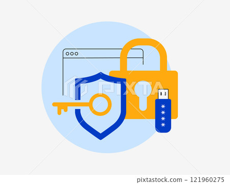 Cybersecurity concept with shield and key, padlock, USB drive and browser window. Digital data protection, online security, encryption and secure file access. Cybersecurity vector illustration Cybersecurity concept with shield and key, padlock, USB drive and browser window. Digital data protection, online security, encryption and secure file access. Cybersecurity vector illustration 121960275