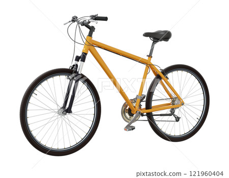 Orange bicycle, side front view isolated on white background, 3D illustration 121960404