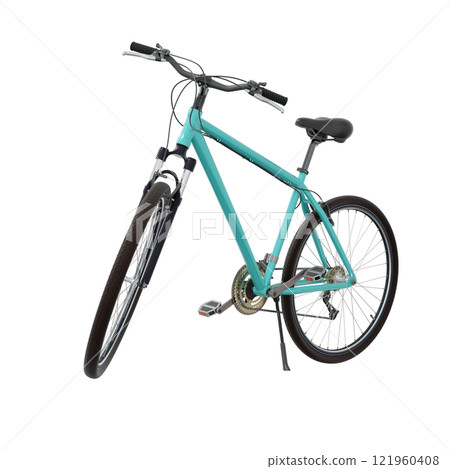 Blue teal bicycle standing on kickstand 121960408