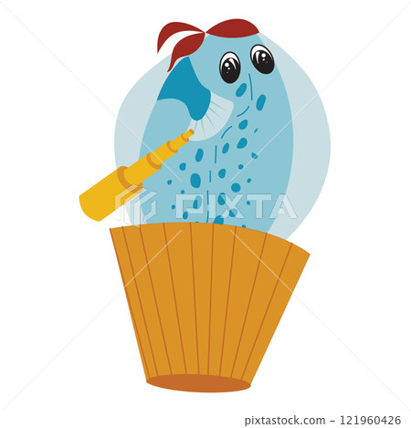 Flounder fish pirate with a spyglass. Vector illustration for children's party pirate party isolated on white background. 121960426