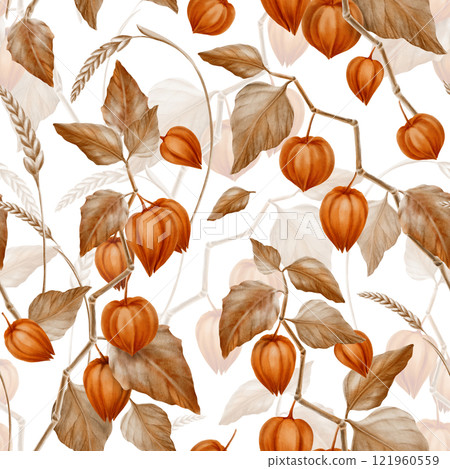 Seamless pattern physalis orange branch with leaves and buds and spikelets of wheat.Decorative plant element for pumpkin harvest festival and Thanksgiving day,Halloween.With transparent background 121960559