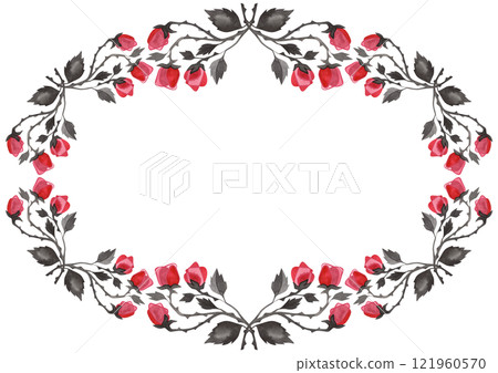 Oval wreath of pink roses with black leaves. Floral wreath for graphic design. Isolated watercolor illustration. 121960570