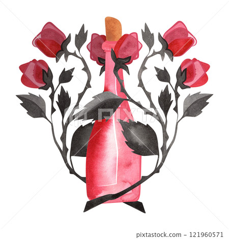 Pink bottle of champagne or martini in branches of pink roses. Isolated watercolor illustration. 121960571