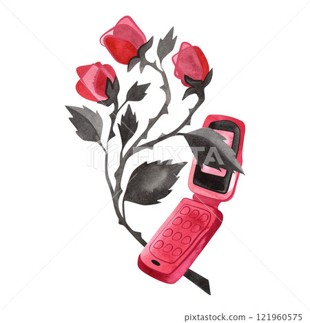Pink glamorous feminine flip phone from 2000s romcom in rose branches. Isolated watercolor illustration for t-shirt, notebook or sticker. Pink glamorous feminine flip phone from 2000s romcom in rose branches. Isolated watercolor illustration for t-shirt, notebook or sticker. 121960575