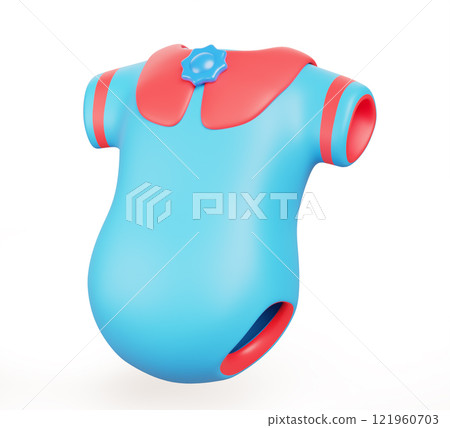 3d baby bodysuit, color infant romper with short sleeves side view. Cartoon cute blue red cotton clothes for kids, newborn body suit mockup isolated on white background render icon. 3D illustration 121960703