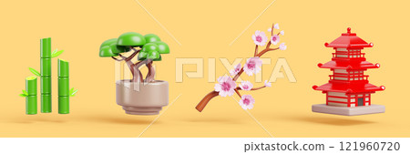 3d set of japanese icon. Traditional house or temple, cherry blossom branch, bamboo sticks, flower pot bonsai tree. Asian architecture, isolated spring design elements Cartoon render. 3D illustration 3d set of japanese icon. Traditional house or temple, cherry blossom branch, bamboo sticks, flower pot bonsai tree. Asian architecture, isolated spring design elements Cartoon render. 3D illustration 121960720