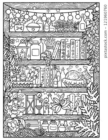 Hand drawn coloring page with magic shelves with ritual and witch objects, pots, healing plants, bottles, books and sleeping cat. Vector black and white line art illustration 121960760