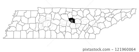 Map of DeKalb County in Tennessee state on white background. single County map highlighted by black colour on Tennessee map. UNITED STATES, US. 121960864